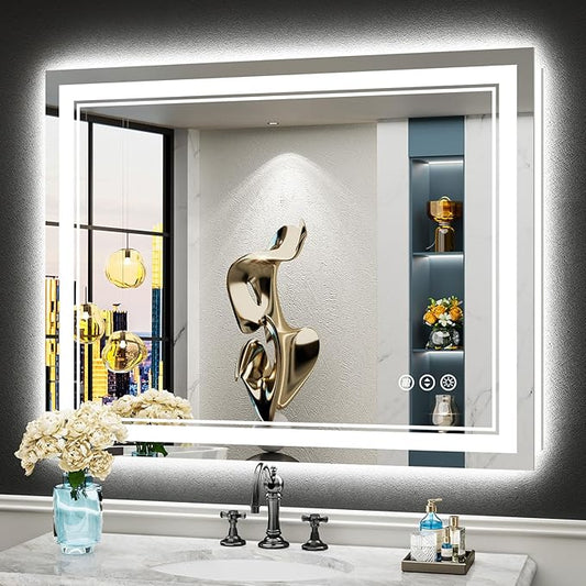 40x32 LED Bathroom Mirror with Lights, Backlit and Front Lit, Anti-Fog Lighted Vanity Mirrors for Bathroom Wall, Dimmable, 3-Color Light, Memory, Shatter-Proof, HD Tempered Glass, CRI＞90