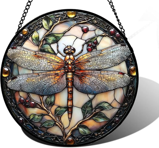 DASTOLL Stained Glass Window Hanging - Dragonfly Plant Suncatcher Ready to Hang Window Doors Home Decoration, Christmas, Mother's Day Birthday Gifts for Women, Men, and Mom 6.3X6.3IN