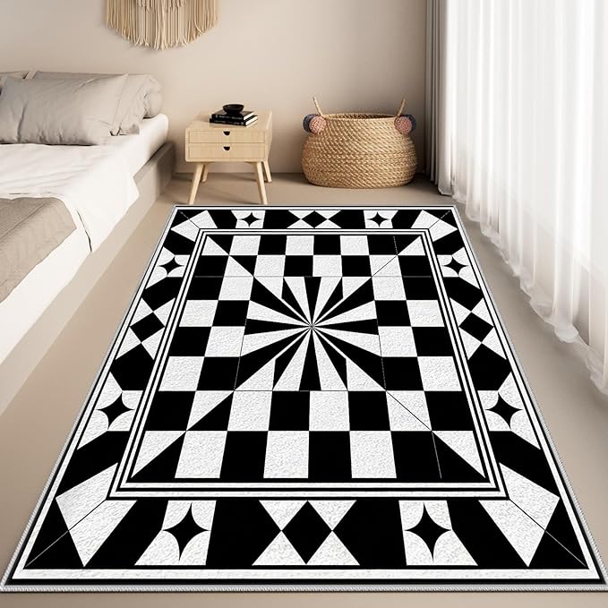 Black and White Checkered Rug, Checkered Rug, Modern Geometric Pattern Carpet, Retro Machine Washable Non Slip Area Rugs, Contemporary Rugs for Living Room/Bedroom 3x5