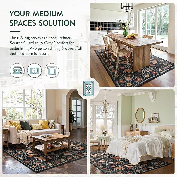 Moynesa Floral Bird 6x9 Black Area Rug for Living Room Bedroom Dining Room, Folk Art Home Decorations for Modern Transitiona Open Areas,Family Friendly Comfort Floor Protection Non-Slip Washable
