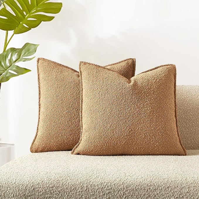 JUSPURBET Pillow Covers Set of 2 Decorative Throw Pillow Covers Case for Couch Sofa Bed Soft Boucle Textured Cushion Covers with Hidden Zipper for Home Decor Living Room 16x16,Camel