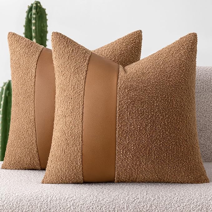 MIULEE Boucle Throw Pillow Covers 24x24 Inch Set of 2 Brown Faux Leather Textured Decorative Pillow Cases Boho Farmhouse Accents Cushion Covers for Couch Bed Livingroom Home Decor