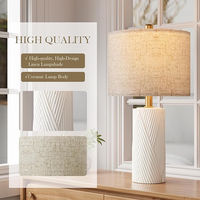 22" Modern Ceramic Table Lamp Set of 2 for Living Room, Table Lamps for Bedroom Set of 2， Farmhouse Bedside Nightstand Bedside Lamp End Table Lamps White