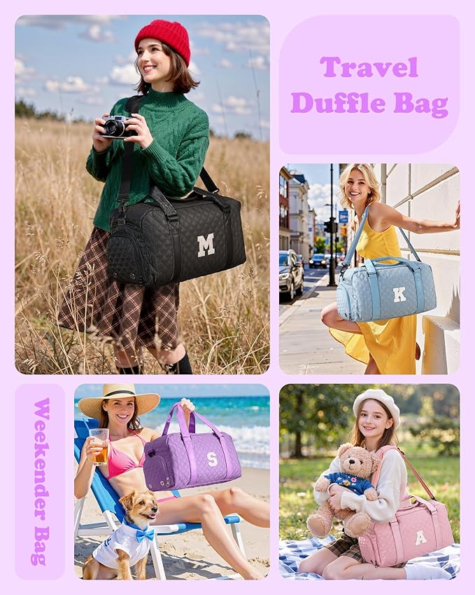 Elilier Initial Gym Bag for Girls, Kids Travel Duffel Bag, Graduation Gifts for Her, Personalized Weekender Bag with Shoes Compartment, Gifts for Mom, Girls Gifts for Kids