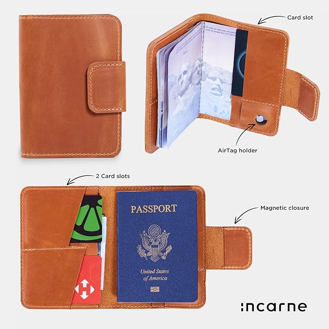 Leather Passport Holder for Travel - Black Passport Cover for Men Compatible with Airtag Passports Wallet with Card Slots & Note Compartment, Magnetic Closure, Genuine Leather, Vintage Black
