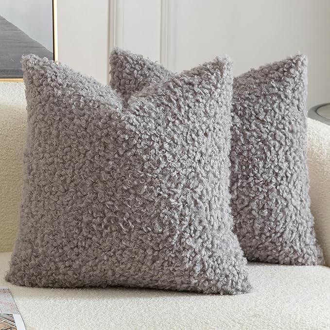 Yaertun Pack of 2 Faux Fur Throw Pillow Covers Decorative Sherpa Boucle Pillow Covers Fuzzy Soft Pillowcases Sheepskin Fleece Cushion Case for Couch Sofa Bed Living Room 18x18 Inch Light Grey