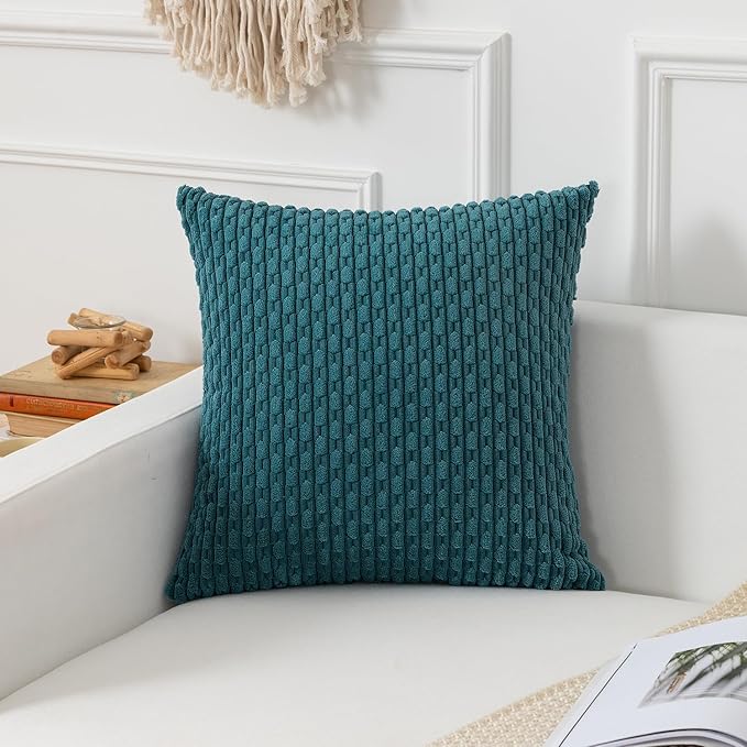 Kevin Textile Throw Pillow Covers Soft Corduroy Decorative Set of 2 Boho Striped Pillow Covers Pillowcases Farmhouse Home Decor for Couch Bed Sofa Living Room 26x26 Inch Teal Blue