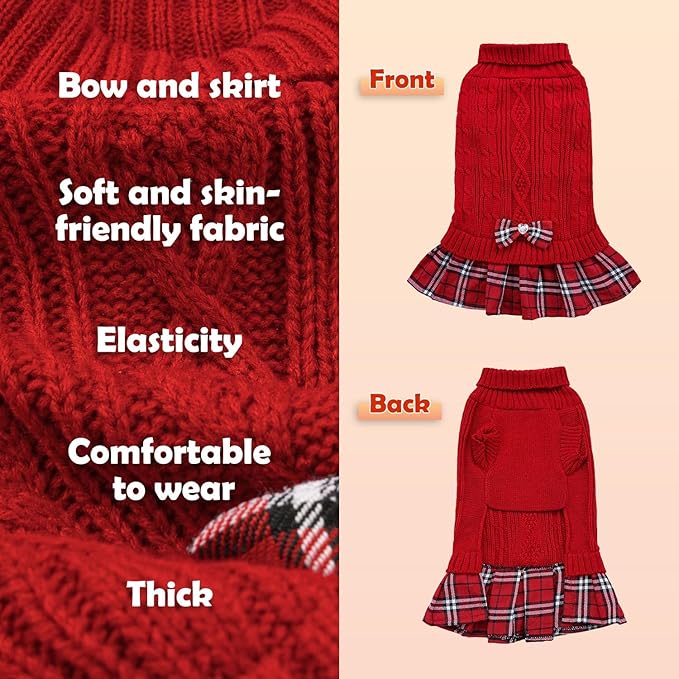 YUDODO Small Dog Sweater Dress with Bowtie Turtleneck - Knitted Pet Girl Dog Winter Clothes - Pet Warm Sweater for Puppy Yorkies, Chihuahua (S Red)