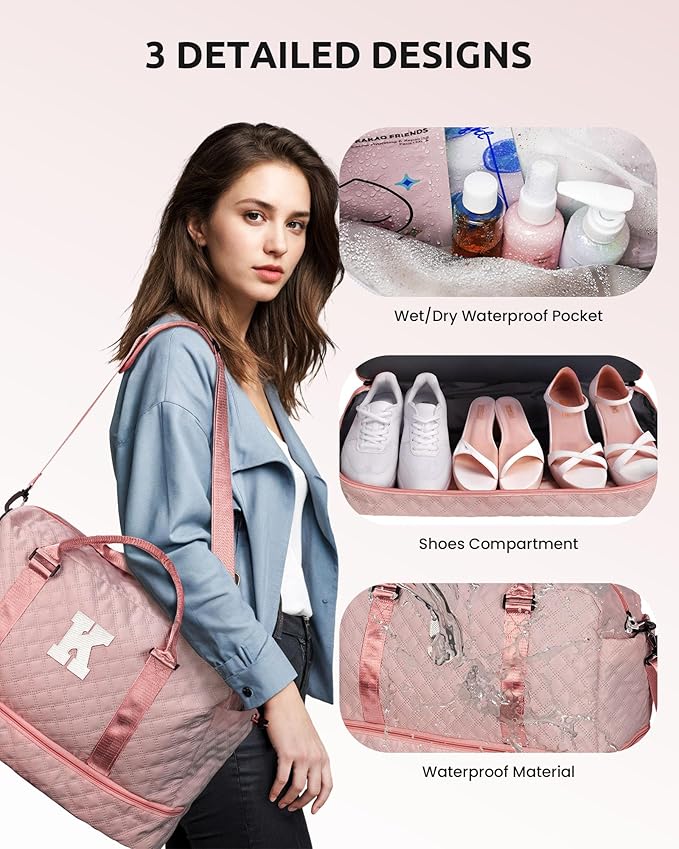 Vogewood Gifts for Girls-Kids Duffle Bag with Shoe Compartment, Girls Weekender Bag, Monogram Overnight Bag, Letter Travel Bag with Makeup Bag，Personalized Gift Idea for Women Her (Letter G)