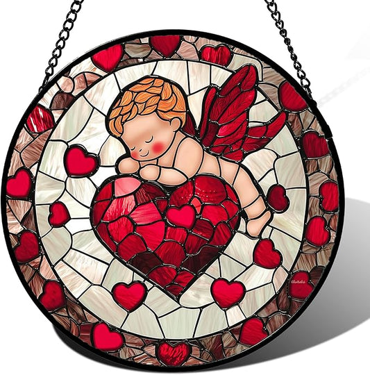 Stained Glass Window Hanging - Red Love Angel Sun Catcher for Door Garden Home Decor Cute Suncatcher Christmas Mother's Day Birthday for Women Men Mom Nana 6.3 in