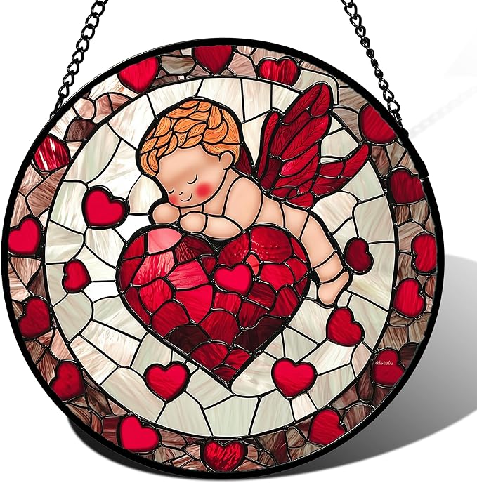 Stained Glass Window Hanging - Red Love Angel Sun Catcher for Door Garden Home Decor Cute Suncatcher Christmas Mother's Day Birthday for Women Men Mom Nana 15 in
