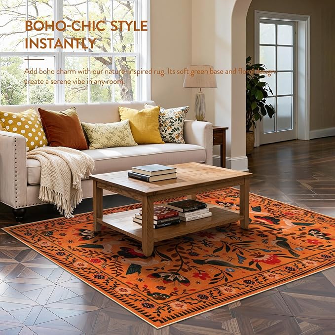 Moynesa Bedroom Rug 5x7, Washable Bohemian Scandinavian Orange Area Rugs for Living Room Dining Room Reading Coner, Modern Country Floral Bird Carpet, Fall Home Decor Non-Slip Protection