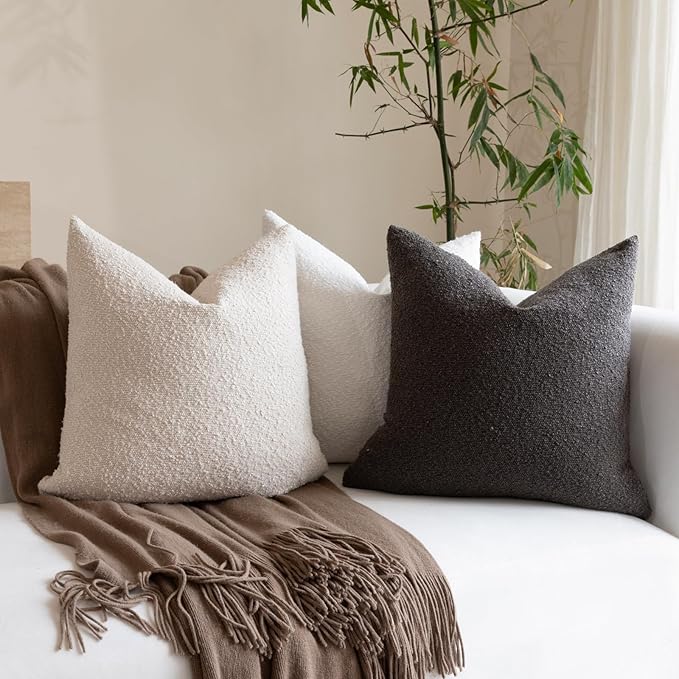 Boucle Decorative Throw Pillow Covers for Couch Set of 2, 24x24 inches, White