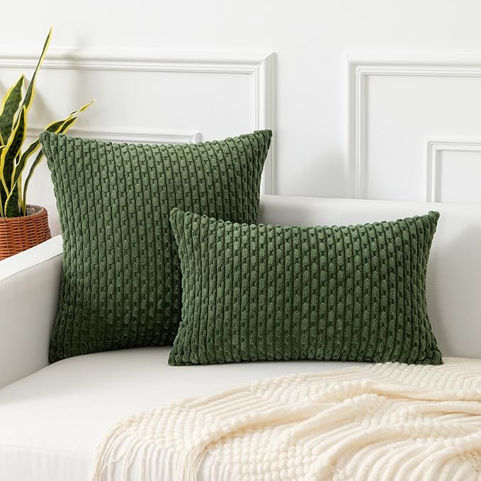 Kevin Textile Throw Pillow Covers Soft Corduroy Decorative Set of 2 Boho Striped Pillow Covers Pillowcases Farmhouse Home Decor for Couch Bed Sofa Living Room 18x18 Inch Moss Green