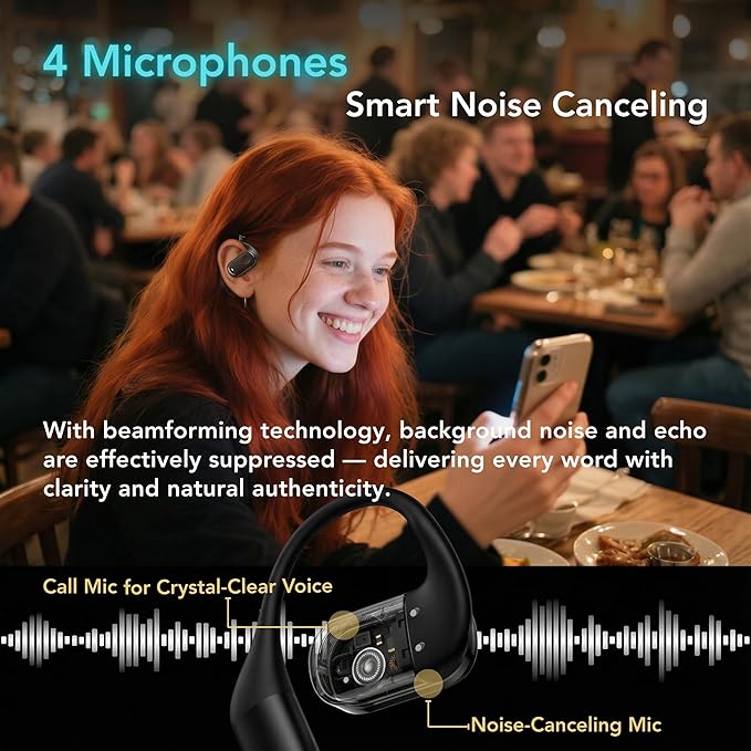 Joy Open-Ear Headphones, Over-Ear, Around-Ear Earhook Wireless Earbuds, Sports Fit for Running & Workouts, ENC Clear Calls, HD Sound, App EQ, Bluetooth 5.4, 40H Battery, IPX4 Sweatproof (Black)