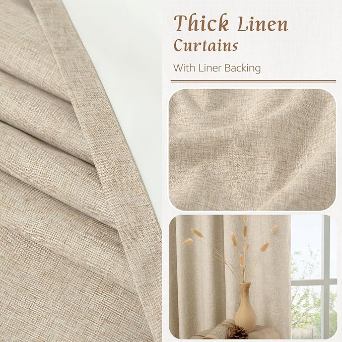LAMIT Natural 100% Blackout Linen Curtains, 54 Inches Linen Textured Thermal Bedroom Curtains Back Tab and Rod Pocket Neutral Panels with White Liner for Farmhouse, 2 Panels, 42 x 54 Inch, Linen