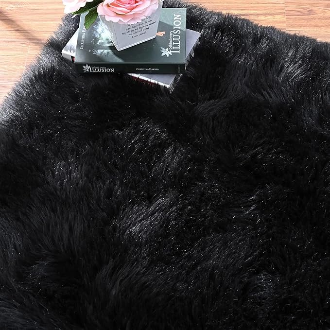 Black Rug for Bedroom 5x7 Area Rugs for Living Room Washable Shaggy Sheepskin Fluffy Fur Rug for Girl Room Rectangle Nursery