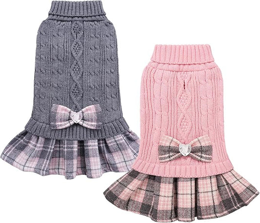 YUDODO 2 Pack Small Dog Sweater Dress with Bowtie Turtleneck - Knitted Pet Girl Dog Winter Clothes - Pet Warm Sweater for Puppy Yorkies, Chihuahua (L Grey+Pink)