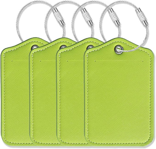 Luggage Tags for Suitcases-Leather Luggage Tag 4 Pack with Loops Cute Bag/Backpack/Suitcase Tags Travel Essentials for Flying (Limegreen)