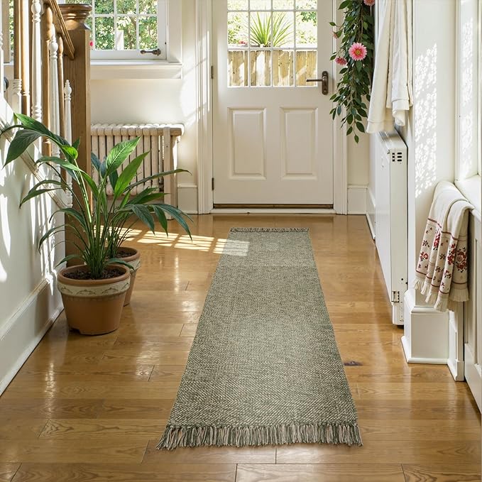 Collive Washable Runner Rugs for Hallways, 2' x 5' Natural/Green Entryway Runner Rug Soft Hand-Woven Contemporary Modern Laundry Room Indoor Carpet for Bathroom Bedroom Kitchen Front Door