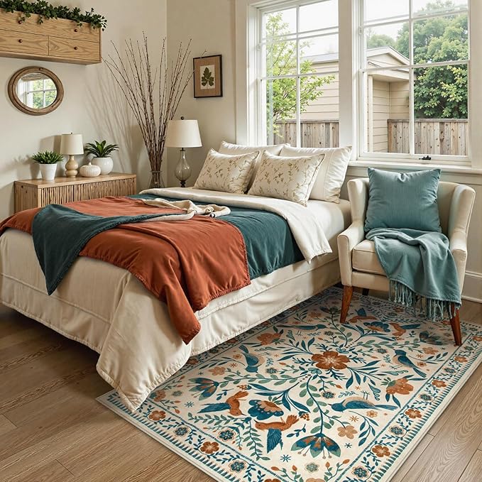 Moynesa 3x5 Entryway Rug Indoor, Modern Bohemian Washable Non-Slip Low Pile Area Rug for Kitchen Bedroom Entry,Lightweight Foldable Farmhouse Floral Bird Print Pattern Carpet Retro Home Decor