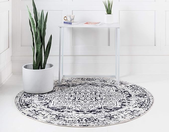 Rugs.com Arlington Collection Rug – 8 Ft Round Blue Medium-Pile Rug Perfect for Kitchens, Dining Rooms