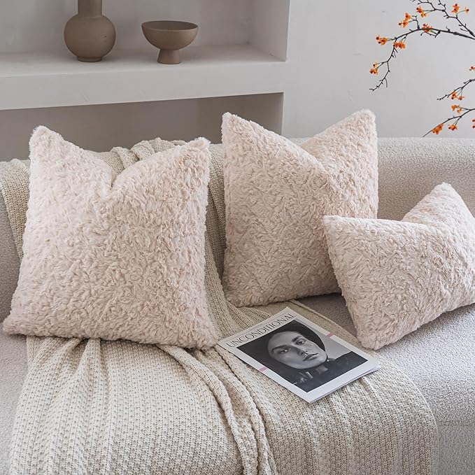Neelvin Set of 2 Faux Fur Throw Pillow Covers 20x20 Inch Beige Cozy Soft Solid Decorative Pillowcases Thick Plush Sheepskin Cushion Case for Chair and Couch Sofa Bedroom