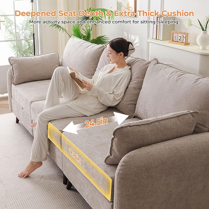 73'' Loveseat Sofa with Seats Storage, Modular Sectional Sofa with Movable Ottoman,Oversized Comfy Couches with Deep Seat,7.8'' Cushion,Couch for Living Room,Bedroom,Chenille,Khaki