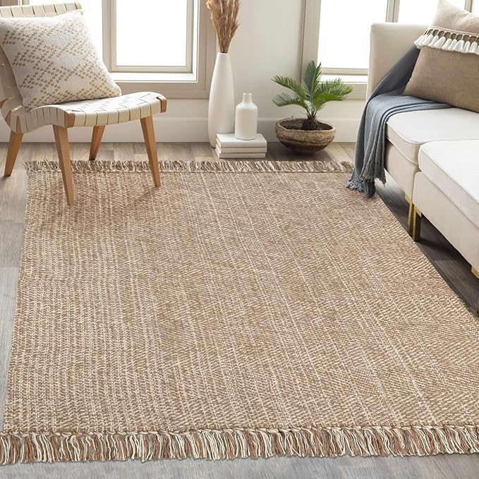 Collive Comfy Area Rug 4' x 6', Tan/Cream Woven Cotton Bedroom Rugs, Modern Indoor Accent Rug Floor Carpet with Tassel for Living Room, Nursery Room, Dining Room, Bedside, Office, Patio Decor