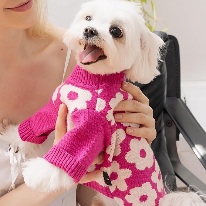 Fitwarm Floral Dog Sweater, Thermal Dog Sweatshirt, Dog Winter Clothes for Small Dogs Girl, Doggy Pullover Jumper, Pet Outfit, Hot Pink, White, XL
