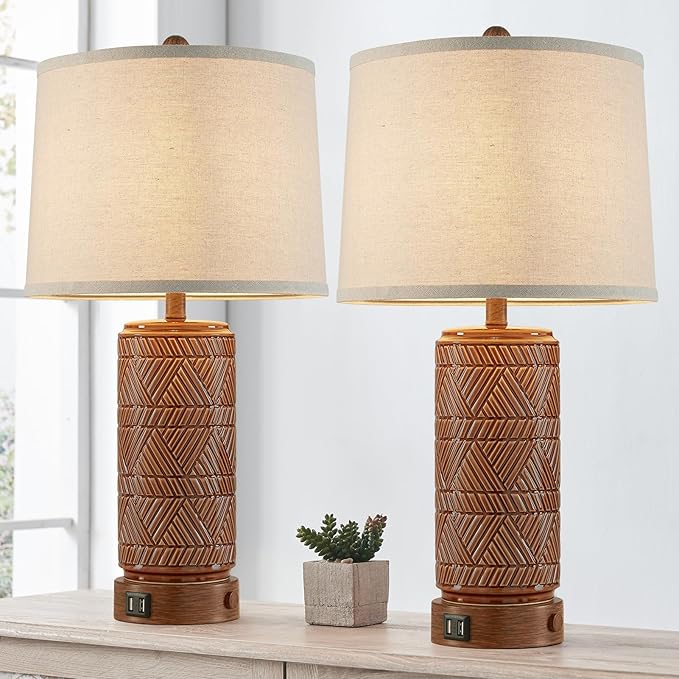 RORIA Set of 2 Vintage Touch Table Lamps for Living Room, 3 Way Dimmable Nightstand Lamp with 2 USB Port, Farmhouse Rustic Boho Ceramic Desk Lamps for Bedroom End Table, Bulbs Included