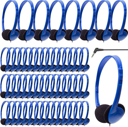 Kids Headphones Bulk 100 Pack for School Classroom Student Children Toddler Boys Girls Teen and Adults, Wholesale Wired Computer Earphones Class Set for Library Museums Airplane (HY857,100 Blue)