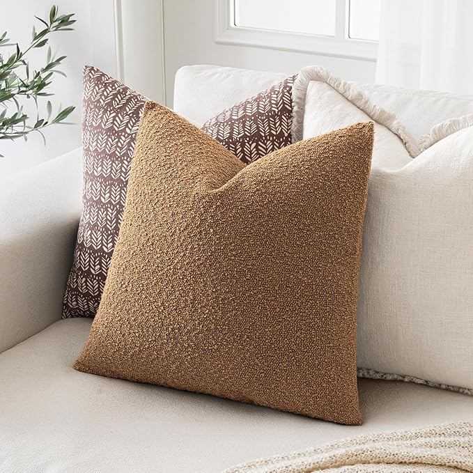 MIULEE 24x24 Decorative Euro Sham Throw Pillows for Bed Set of 2 Textured Boucle Neutral Winter Throw Pillow Covers Brown Accent Solid Couch Pillowcases Sofa Livingroom Home Decor