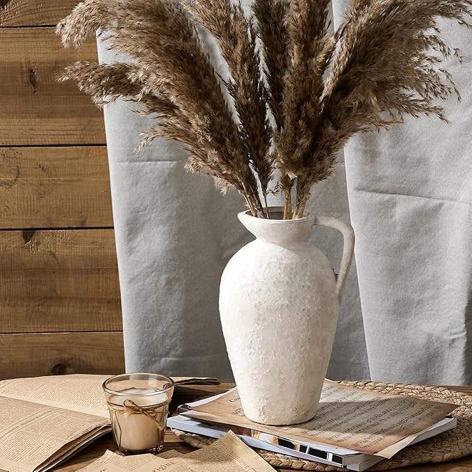 LUKA Rustic Farmhouse Terracotta Vase, 9.25 inch with Handle, Neutral Tall Clay Vase for Living Room, Table, Shelf Decor (Off-White)