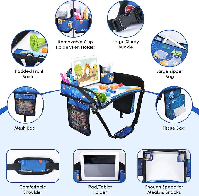 WENRENER 2PCS Kids Travel Tray for Airplane - Toddler Car Seat Table Tray, Road Trip Essentials for Boys & Girls, Carseat Lap Desk for Kids Road Trip Activities (Dark Blue Car/Purple Mermaid)