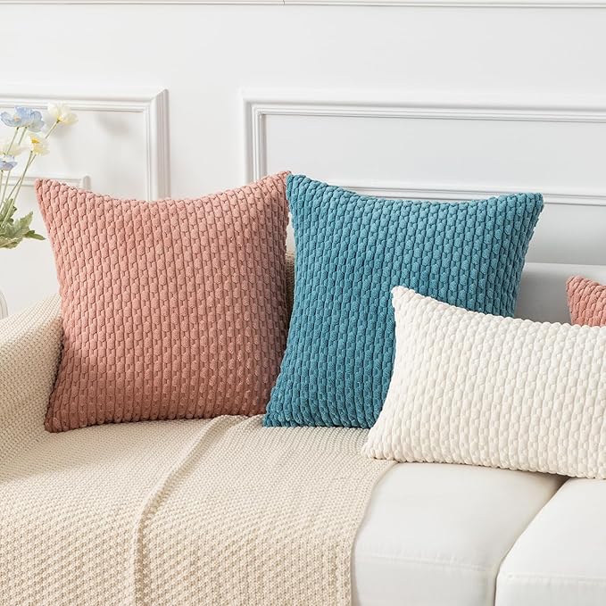 Kevin Textile Throw Pillow Covers Soft Corduroy Decorative Set of 2 Boho Striped Pillow Covers Valentines Day Pillowcases Farmhouse Home Decor for Couch Bed Sofa Living Room 22x22 Inch Baby Pink