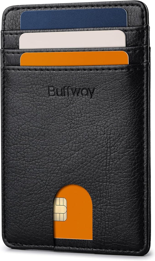 Buffway Mens Slim Wallet, Minimalist Thin Front Pocket Leather Credit Card Holder with RFID Blocking for Work Travel | Minimalist, Thin, Front Pocket, Credit Card Holder, RFID Blocking, for Work Travel