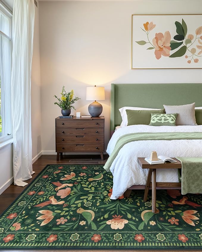 Moynesa Area Rugs 9x12 Green Vintage Home Decor, Modern Cottage Farmhouse Aesthetic Floral Bird Medallion Carpet for for Living Room Bedroom Dining Room,Non-Slip Washable Floor Protection