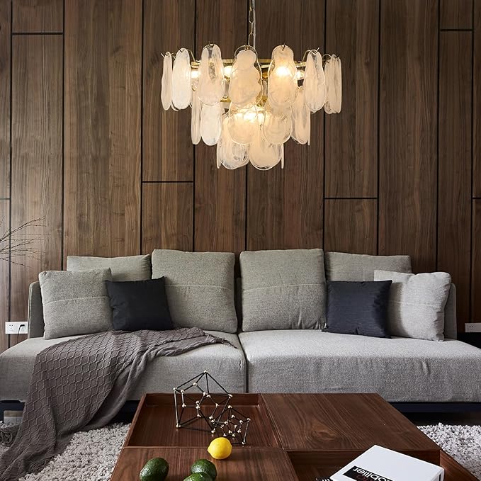 Gold Modern Chandelier 23in 9-Light Cloud Glass Pendant Light Mid Century Chandelier with White Shell Crystal Chandeliers for Bedroom Dining Room Living Room Kitchen Island Foyer