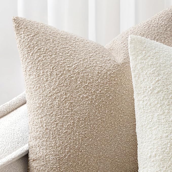 Woaboy Pack of 2 24x24 Inch Decorative Boucle Throw Pillow Covers Textured Square Pillowcaes Accent Euro Solid Cozy Soft Cushion Covers Home Decor for Sofa Couch Living Room Home Decor,Neutral
