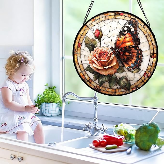 DASTOLL Stained Glass Window Hanging, Butterfly Picking Flowers Suncatcher for Doors Home Sun Catchers Decoration and Christmas, Mother's Day Birthday Gifts for Women, Men, and Mom 6.3 in