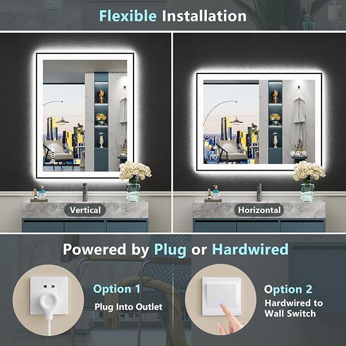 32x36 Black Framed LED Bathroom Mirror with Lights, Backlit & Front Lit, Anti-Fog Lighted Vanity Mirror for Bathroom Wall, 3 Colors, Dimmable, Memory, HD Tempered Glass, Horizontal/Vertical