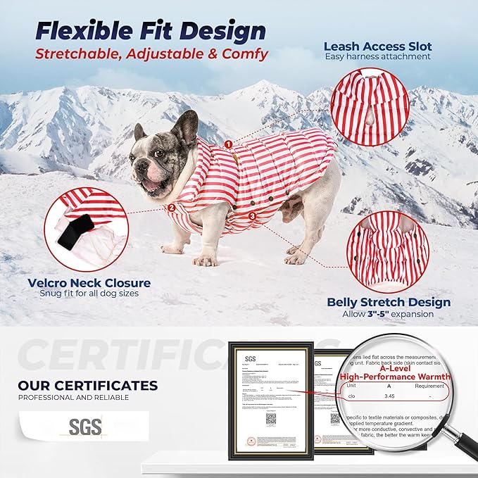 SPACE LION Dog Puffer Jacket, Down Winter Coat, Durable Outdoor Coat for Cold and Windy Conditions, Waterproof, Lightweight Jacket, Adjustable Fit for Small, Medium, Large Dogs(RedStripe, Size20/XL)