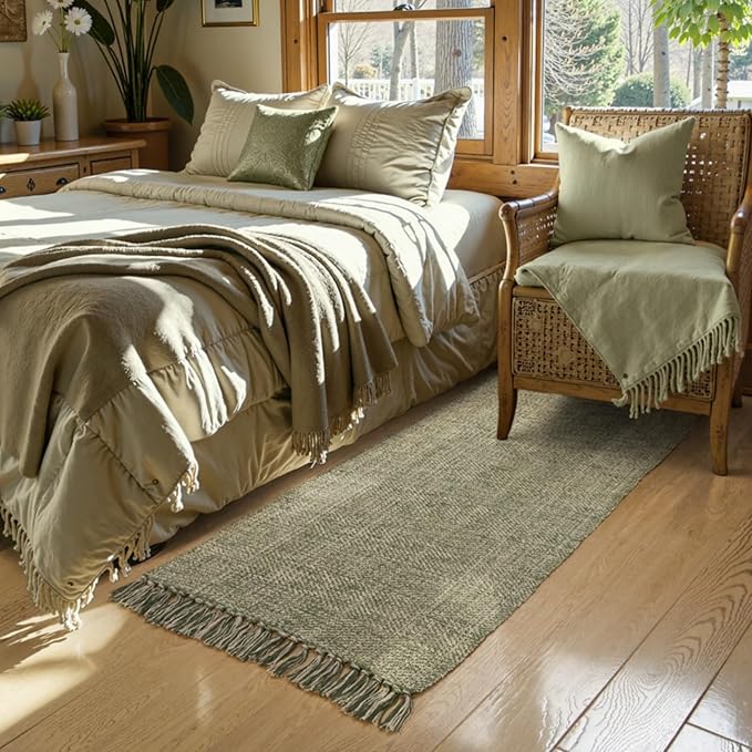 Collive Washable Runner Rugs for Hallways, 2' x 5' Natural/Green Entryway Runner Rug Soft Hand-Woven Contemporary Modern Laundry Room Indoor Carpet for Bathroom Bedroom Kitchen Front Door