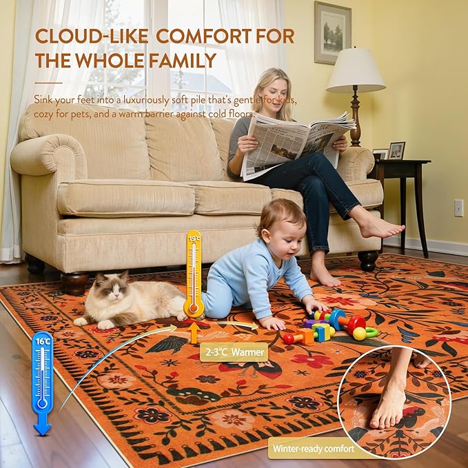 Moynesa Bedroom Rug 5x7, Washable Bohemian Scandinavian Orange Area Rugs for Living Room Dining Room Reading Coner, Modern Country Floral Bird Carpet, Fall Home Decor Non-Slip Protection