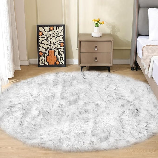 White and Grey Round Rugs 6ft Circle Furry Rug for Living Room Washable Shag Faux Sheepskin Fluffy Fur Rugs for Bedroom Nursery Rug