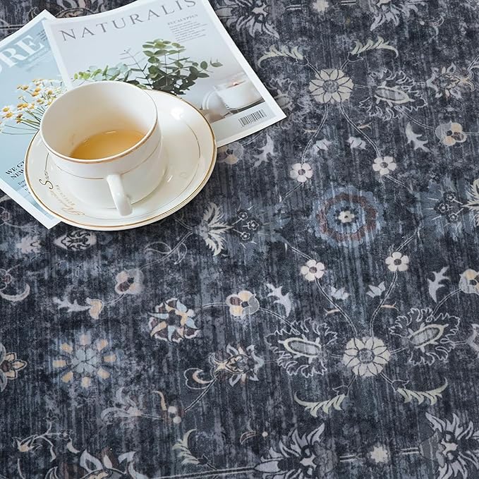 Tangsoo 9x12 Large Area Rug for Living Room, Non Slip Machine Washable Rug for Bedroom, Boho Distressed Vintage Blue Floral Rugs, Soft Indoor Floor Carpet Mat for Office Kitchen Farmhouse Home Decor