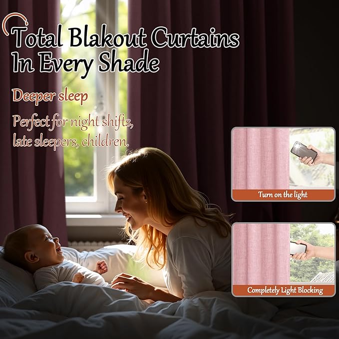 Lajode Baby Pink Linen Blackout Curtains for Girls Bedroom 84 Inch Length 2 Panels, Thermal Insulated Full Room Darkening Noise Reducing Privacy Grommet Window Curtains for Nursery, Each 52 Inch Wide