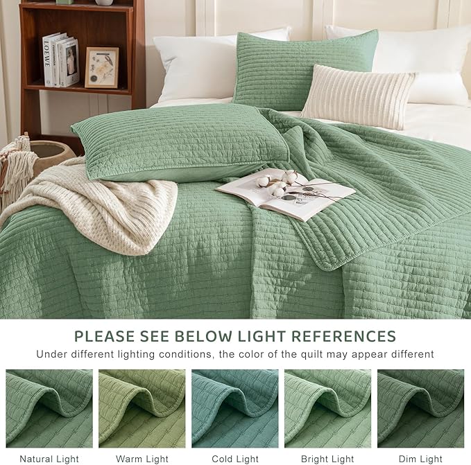 Sanracie Stonewashed Oversized King Quilt(120"x120"), Cotton Green Cross Stitch Pattern California King Quilt Sets 3Pcs Ultra Soft Breathable Crinkle Bed Coverlet Set for All Season
