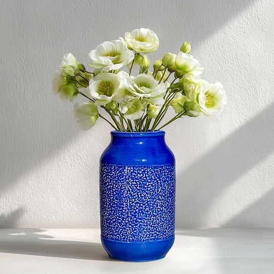 Blue Ceramic Flower Vase - 9 Inch Decorative Vase for Pampas Grass, Modern Texture Vase for Decor, Fireplace, Bathroom, Table, Shelf, Living Room, Kitchen Decor